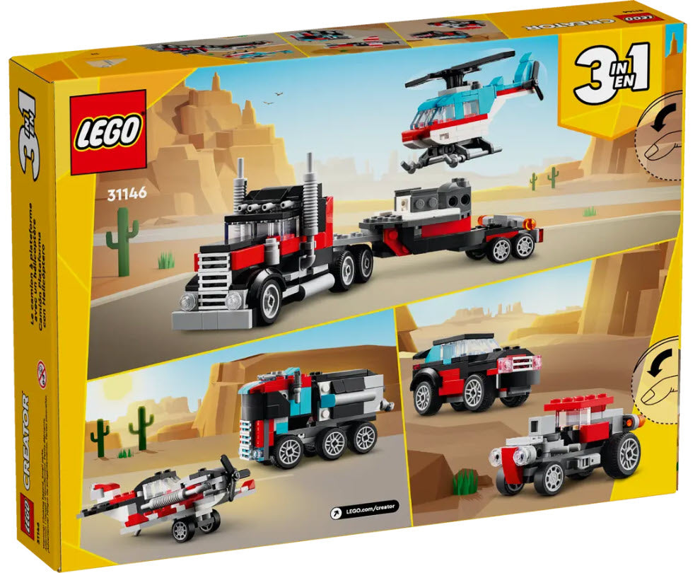 Box Rückseite: LEGO Creator 31146 Tieflader mit Hubschrauber