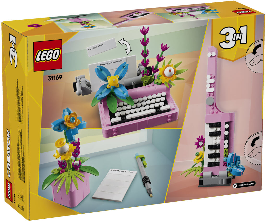 Box Rückseite: LEGO Creator 31169 Schreibmaschine mit Blumen