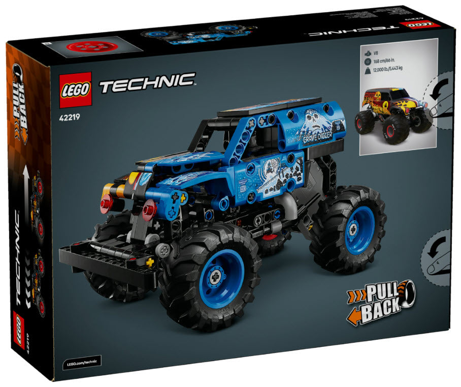 Box Rückseite: LEGO Technic 42219 Monster Jam Grave Digger Feuer und Eis