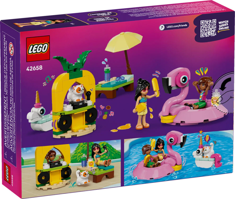 Box Rückseite: LEGO Friends 42658 Poolparty mit Einhorn und Flamingo