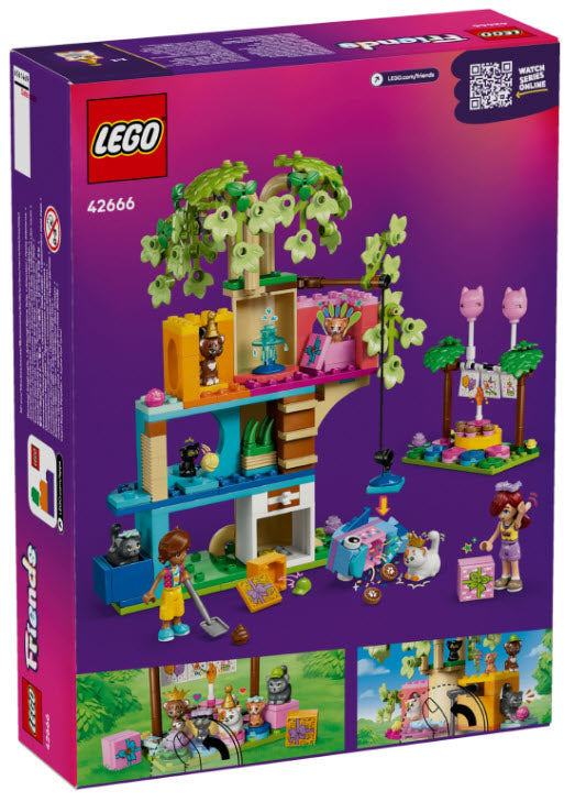 Box Rückseite: LEGO Friends 42666 Katzengeburtstagsparty & Baumhaus