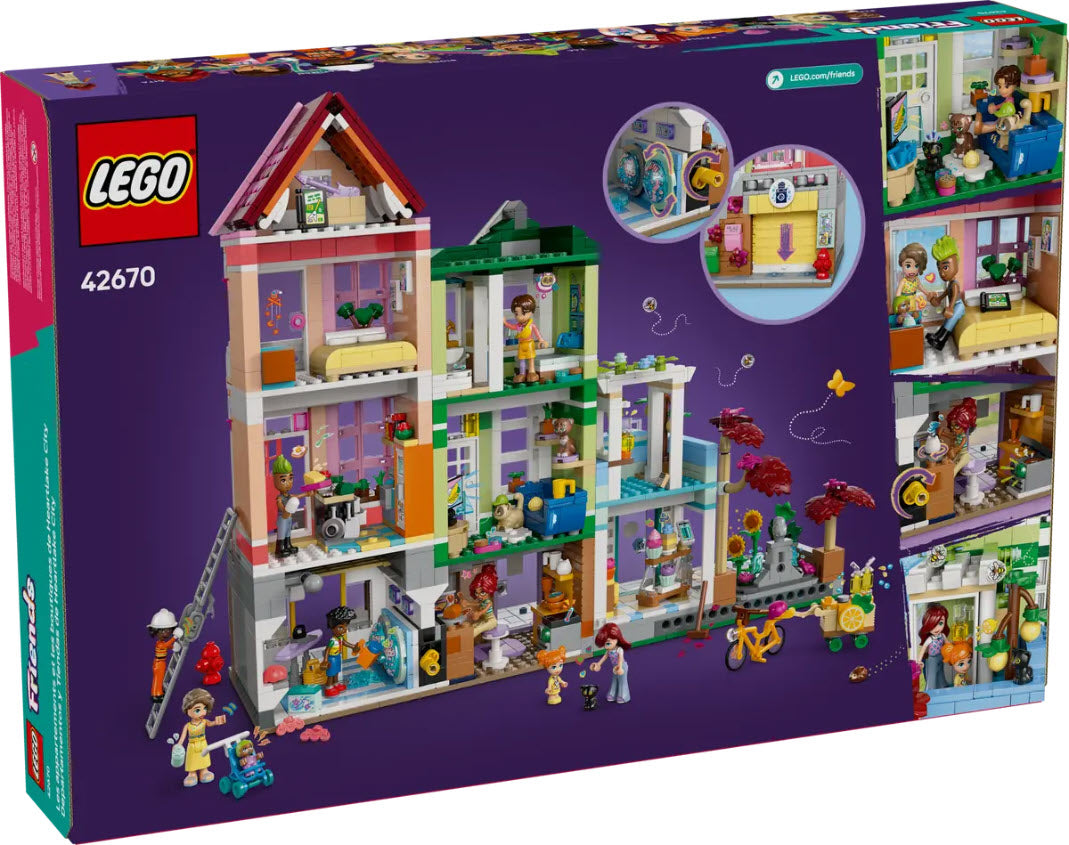 Box Rückseite: LEGO Friends 42670 Heartlake City Wohn- und Einkaufsstraße