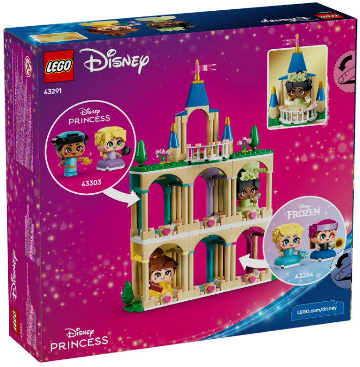 Box Rückseite: LEGO Disney 43291 Die Mini-Prinzessinnen Belle und Tiana mit ihrem Schloss
