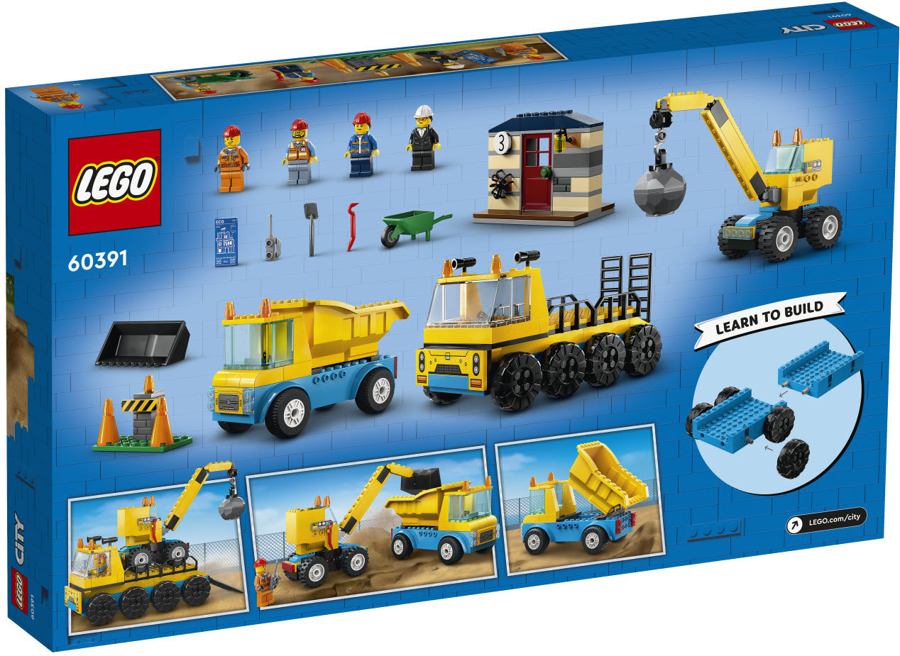 Box Rückansicht: LEGO City 60391 Baufahrzeuge und Kran mit Abrissbirne