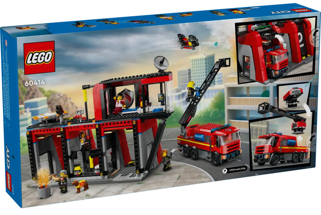 Box Rückansicht: LEGO City 60414 Feuerwehrstation mit Drehleiterfahrzeug
