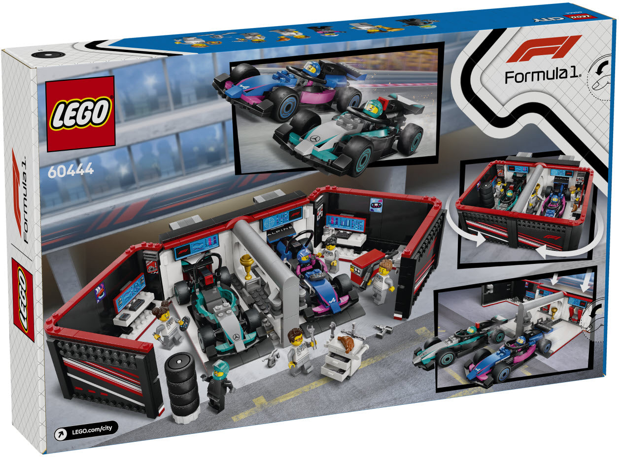 Box Rückseite: LEGO City 60444 F1 Garage mit Mercedes-AMG & Alpine Rennautos