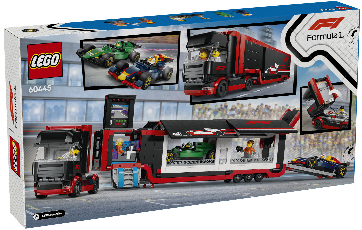 Box Rückseite: LEGO City 60445 F1 Transporter mit RB20 & AMR24 F1 Rennautos