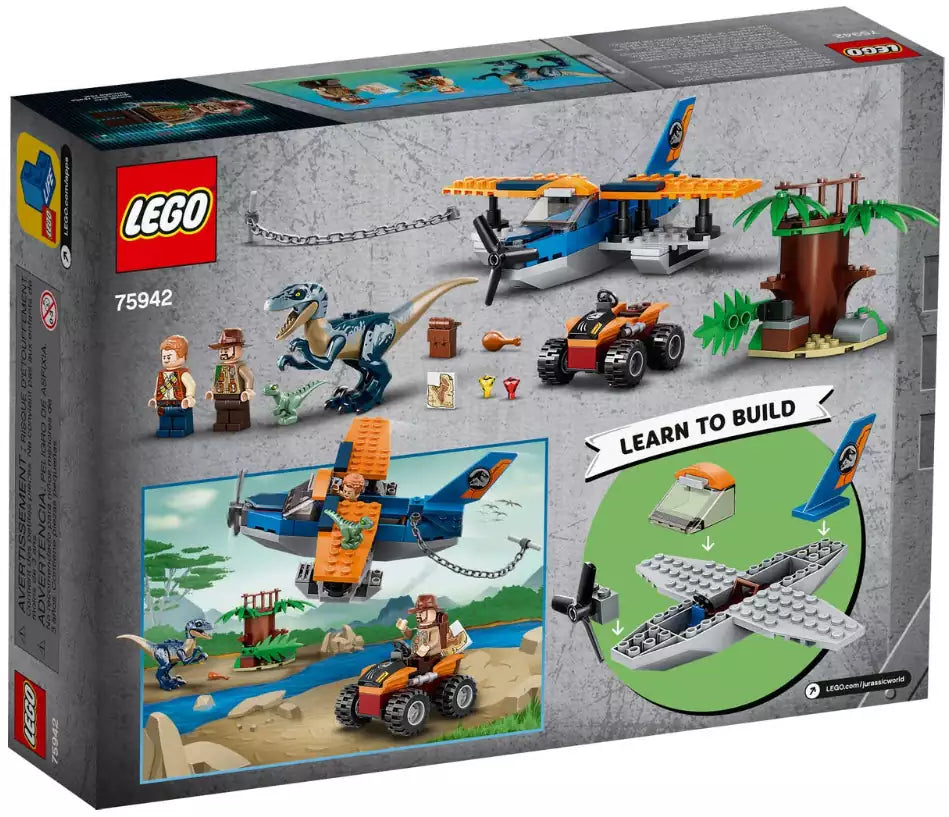 Box Rückansicht: LEGO Jurassic World 75942 Velociraptor: Rettungsmission mit dem Doppeldecker