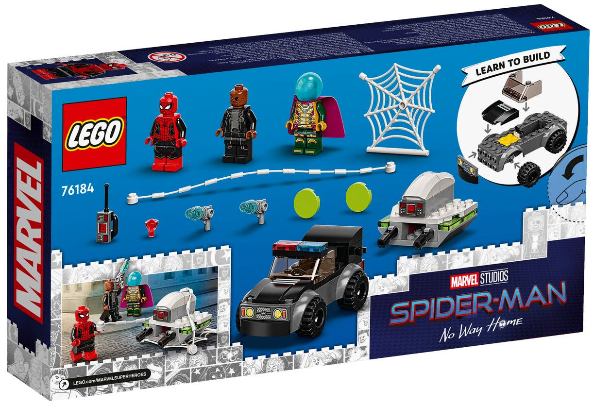 Box Rückansicht: LEGO Super Heroes 76184 Mysterios Drohnenattacke auf Spider-Man