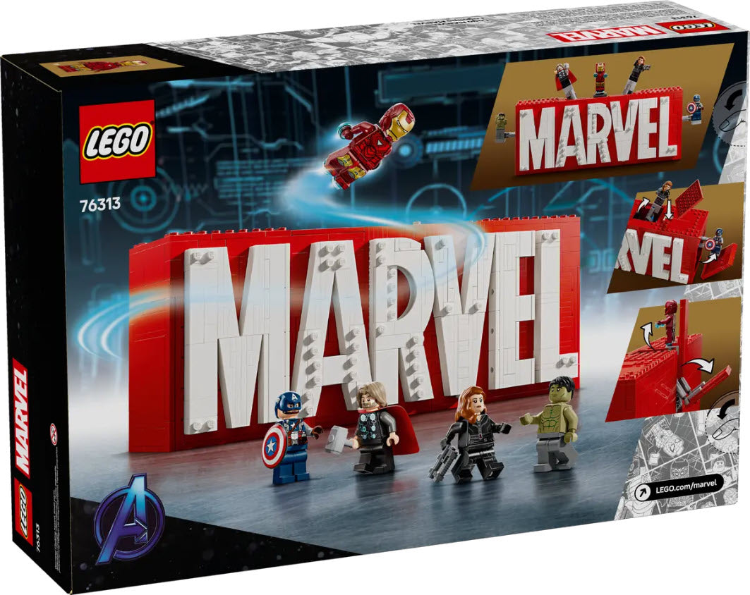 Box Rückseite: LEGO Super Heroes 76313 MARVEL Logo & Minifiguren