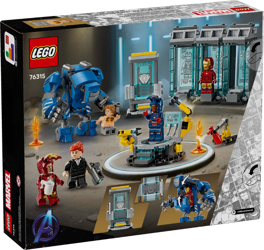 Box Rückseite: LEGO Super Heroes 76315 Iron Mans Labor: Halle der Rüstungen