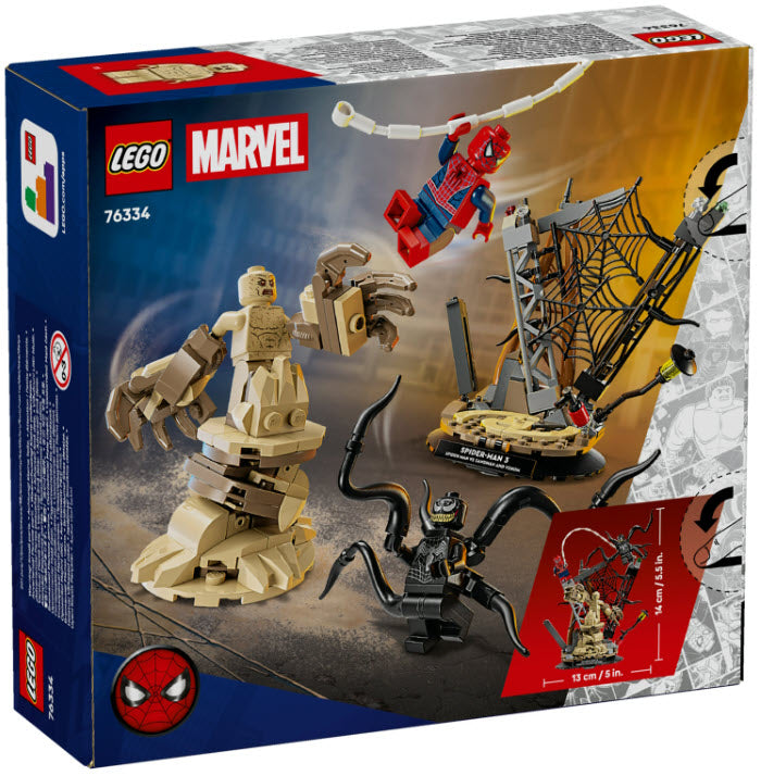 Box Rückseite: LEGO Super Heroes 76334 Großer Showdown: Spider-Man vs. Sandman