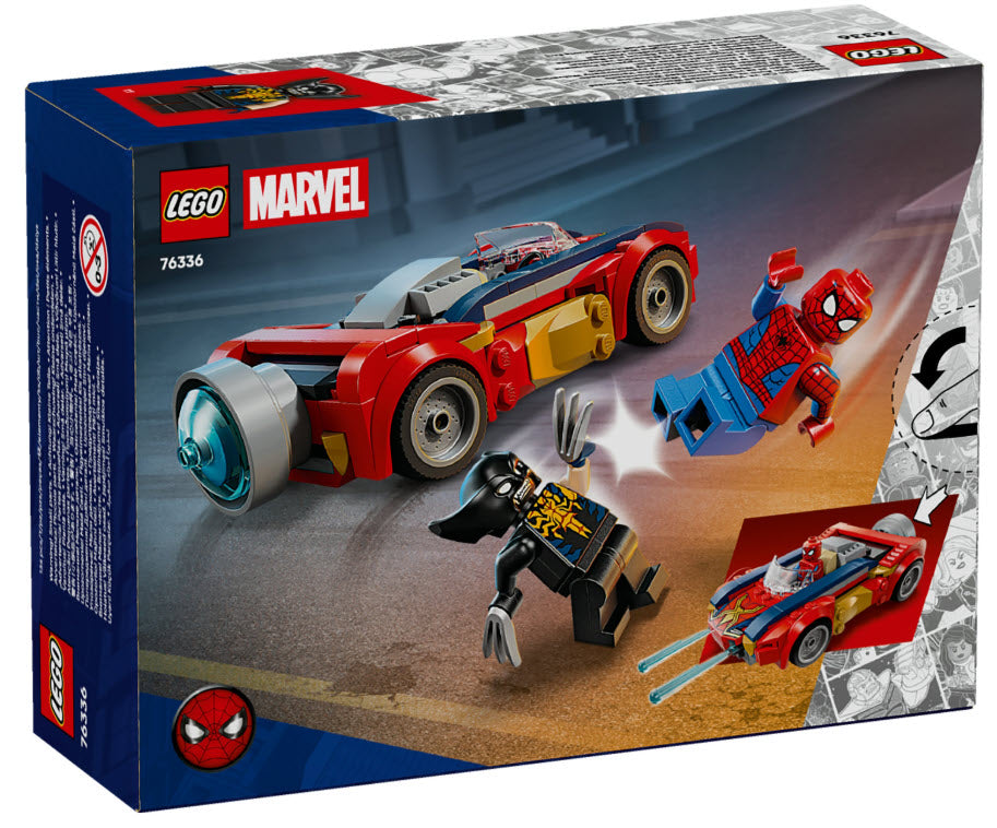 Box Rückseite: LEGO Super Heroes 76336 Spider-Man Auto vs. Venomized Wolverine