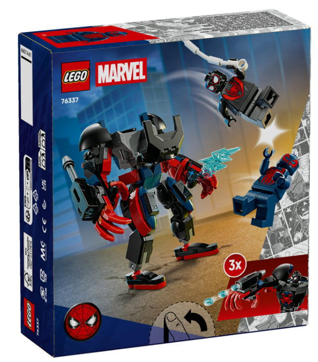 Box Rückseite: LEGO Super Heroes 76337 Miles Morales Mech vs. Spider-Man 2099