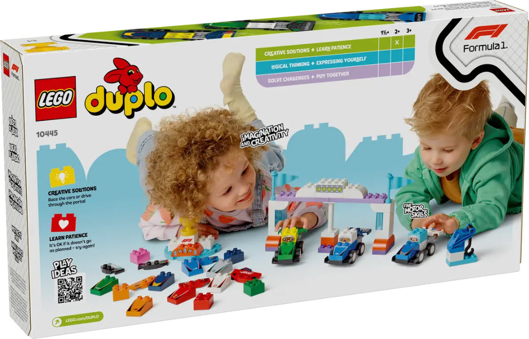 Box Rückseite: LEGO DUPLO 10445 F1 Team Rennautos mit Rennfahrern