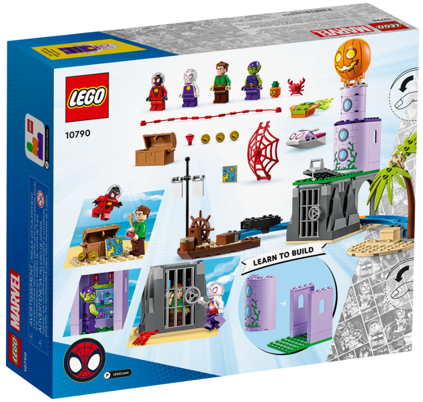 Box Rückseite: LEGO Super Heroes 10790 Spideys Team an Green Goblins Leuchtturm