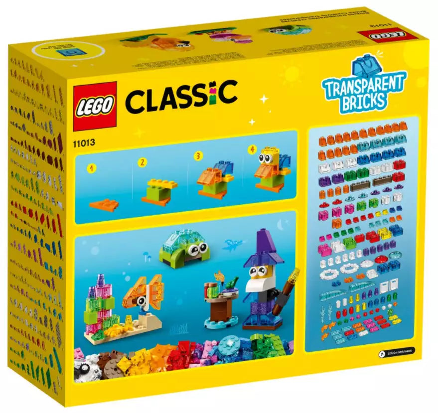 Box Rückansicht: LEGO Classic 11013 Kreativ-Bauset mit durchsichtigen Steinen