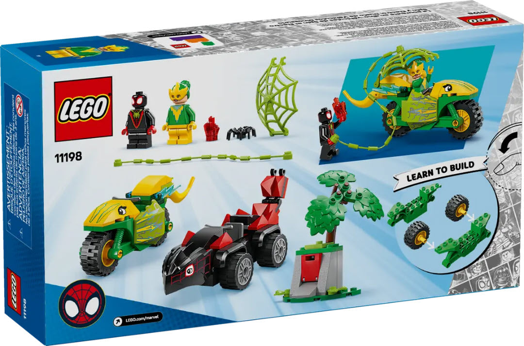 Box Rückseite: LEGO Super Heroes 11198 Actionspaß mit Spin und Electro in ihren Dino-Flitzern