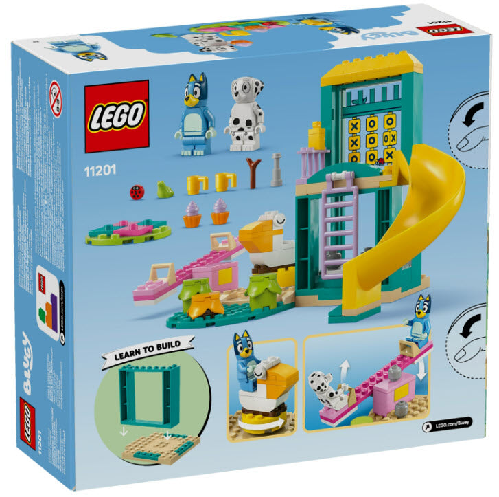 Box Rückseite: LEGO Bluey 11201 Bluey und Chloe auf dem Spielplatz
