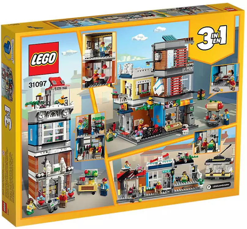 Box Rückseite: LEGO Creator 31097 Stadthaus mit Zoohandlung & Café