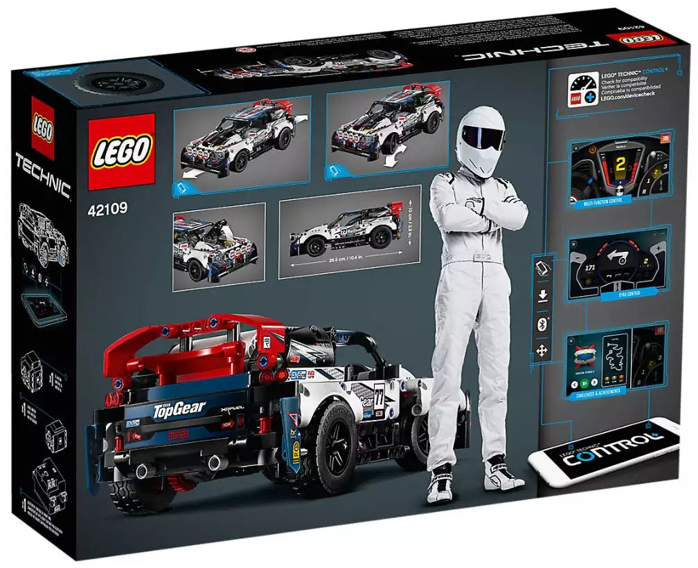 Box Rückansicht: LEGO Technic 42109 Top-Gear Ralleyauto mit App-Steuerung