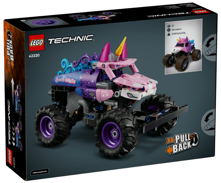 Box Rückseite: LEGO Technic 42220 Monster Jam Sparkle Smash mit Rückziehmotor