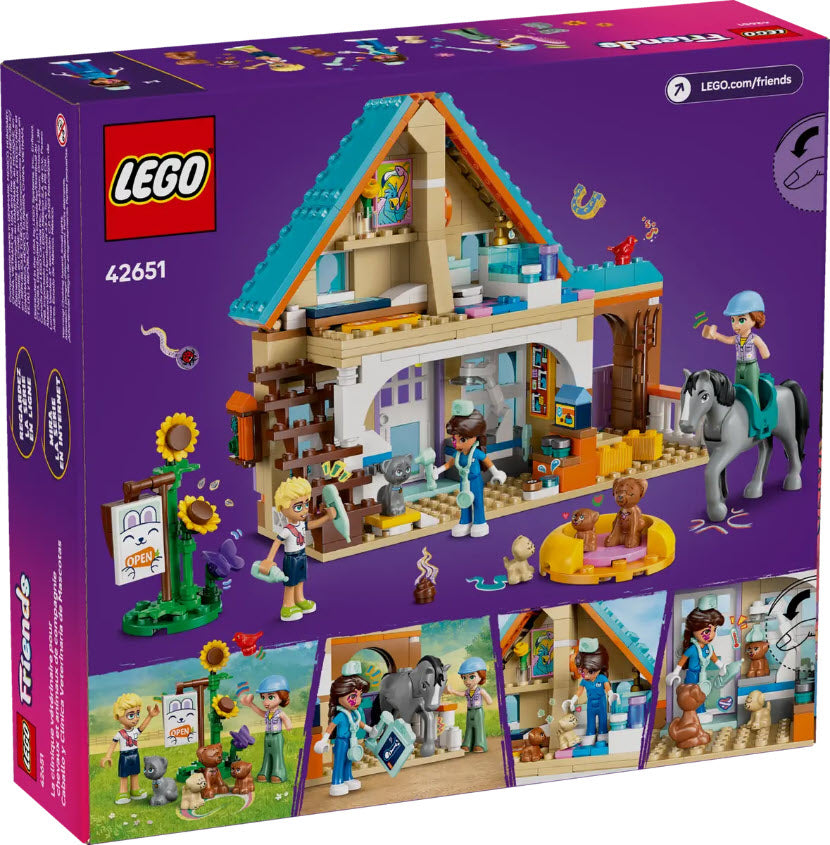 Box Rückseite: LEGO Friends 42651 Tierarztpraxis für Pferde und Haustiere