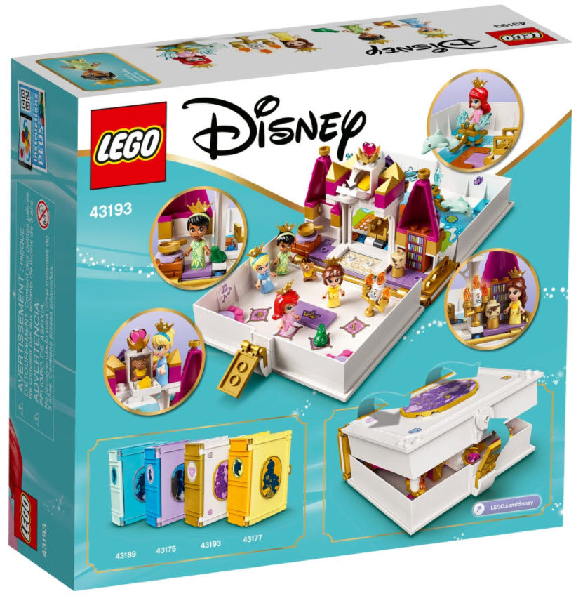 Box Rückansicht: LEGO Disney Princess 43193 Märchenbuch Abenteuer mit Arielle, Belle, Cinderella und Tiana
