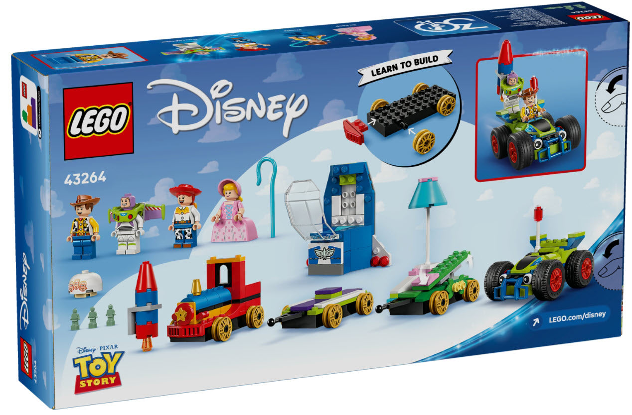 Box Rückseite: LEGO Disney 43264 Partyzug und das Auto RC aus Toy Story