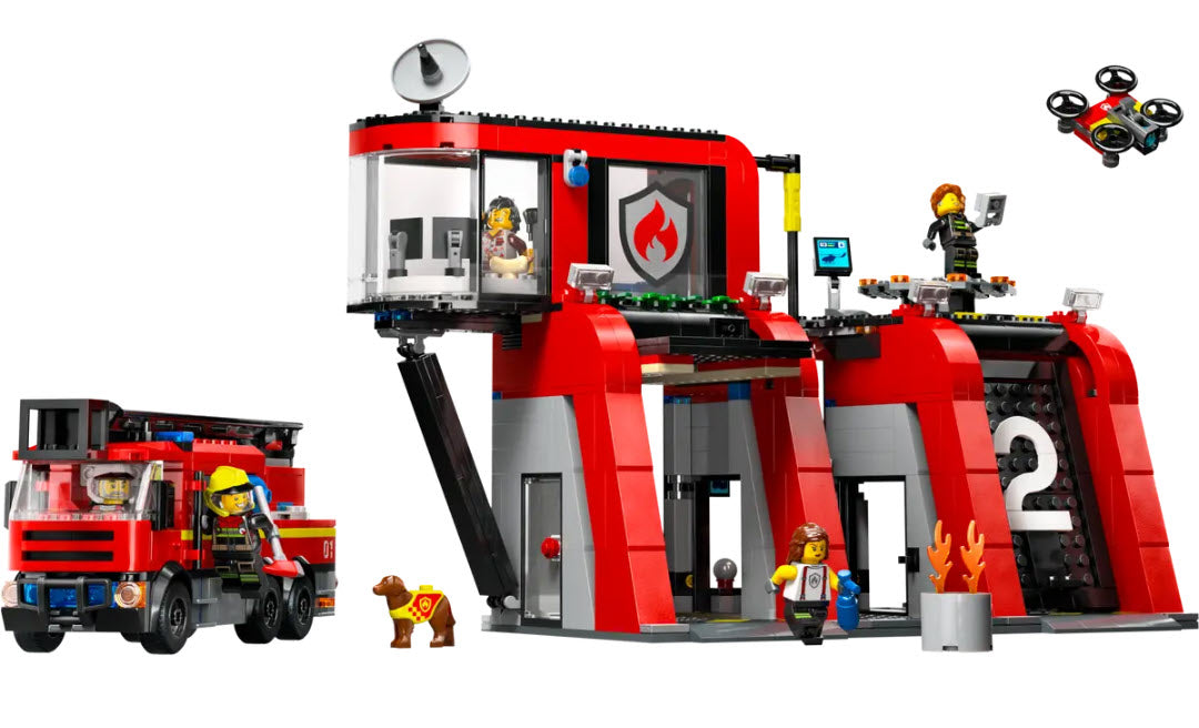 Inhalt: LEGO City 60414 Feuerwehrstation mit Drehleiterfahrzeug