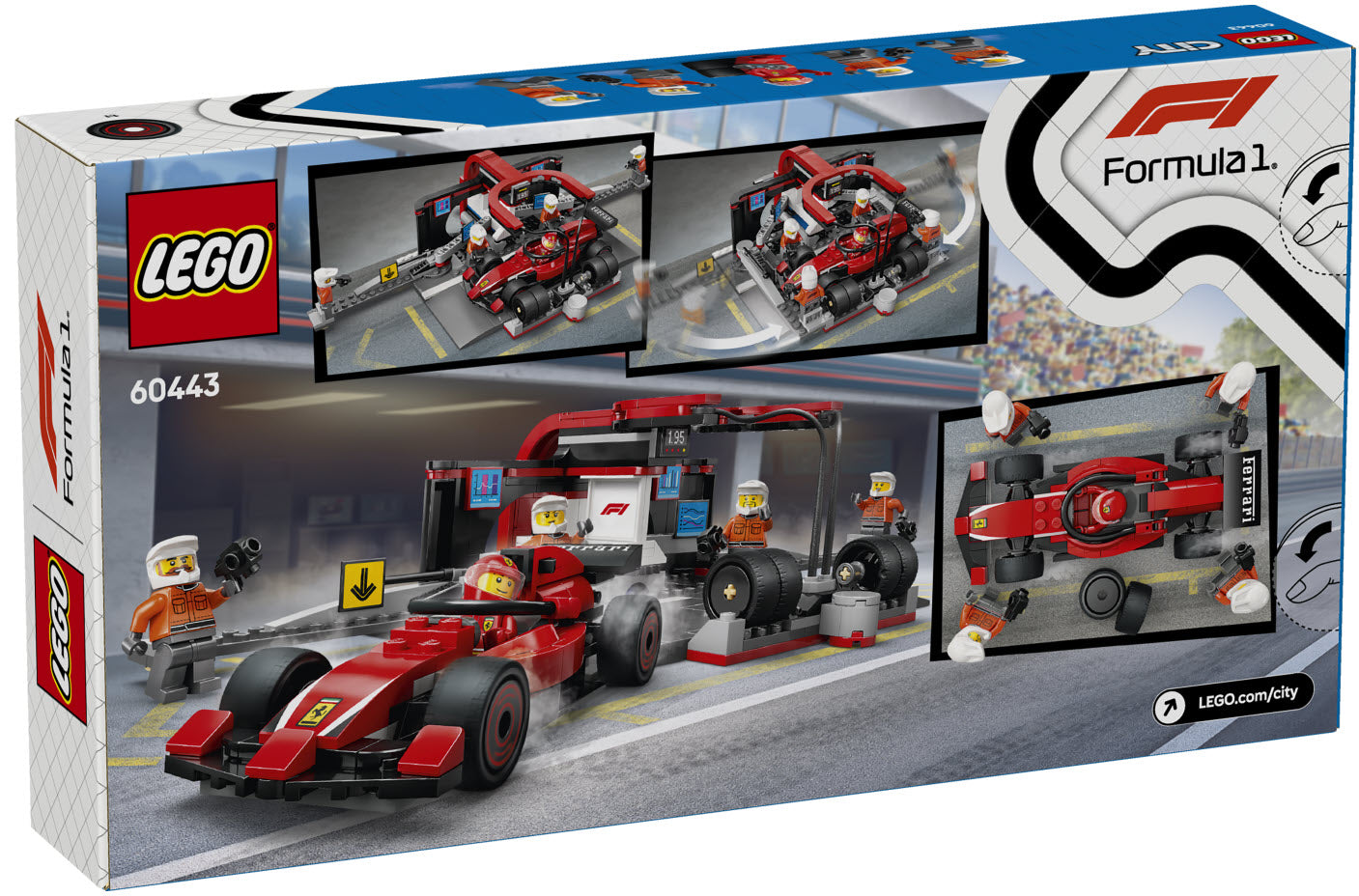 Box Rückseite: LEGO City 60443 F1 Boxenstopp mit Boxencrew und Ferrari Flitzer