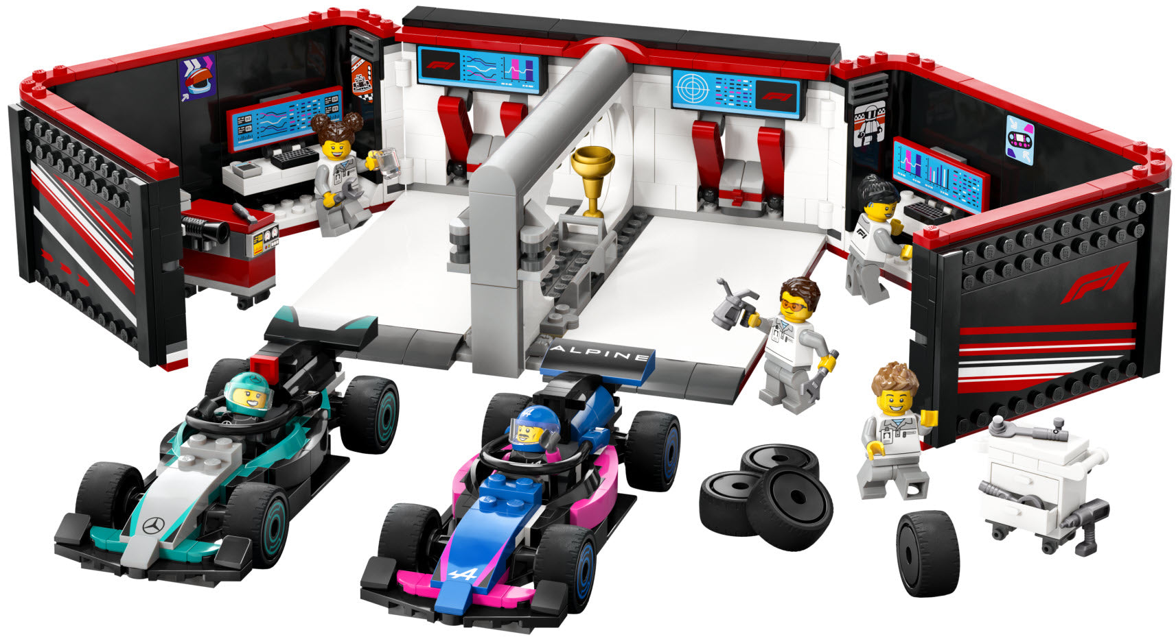 Inhalt: LEGO City 60444 F1 Garage mit Mercedes-AMG & Alpine Rennautos