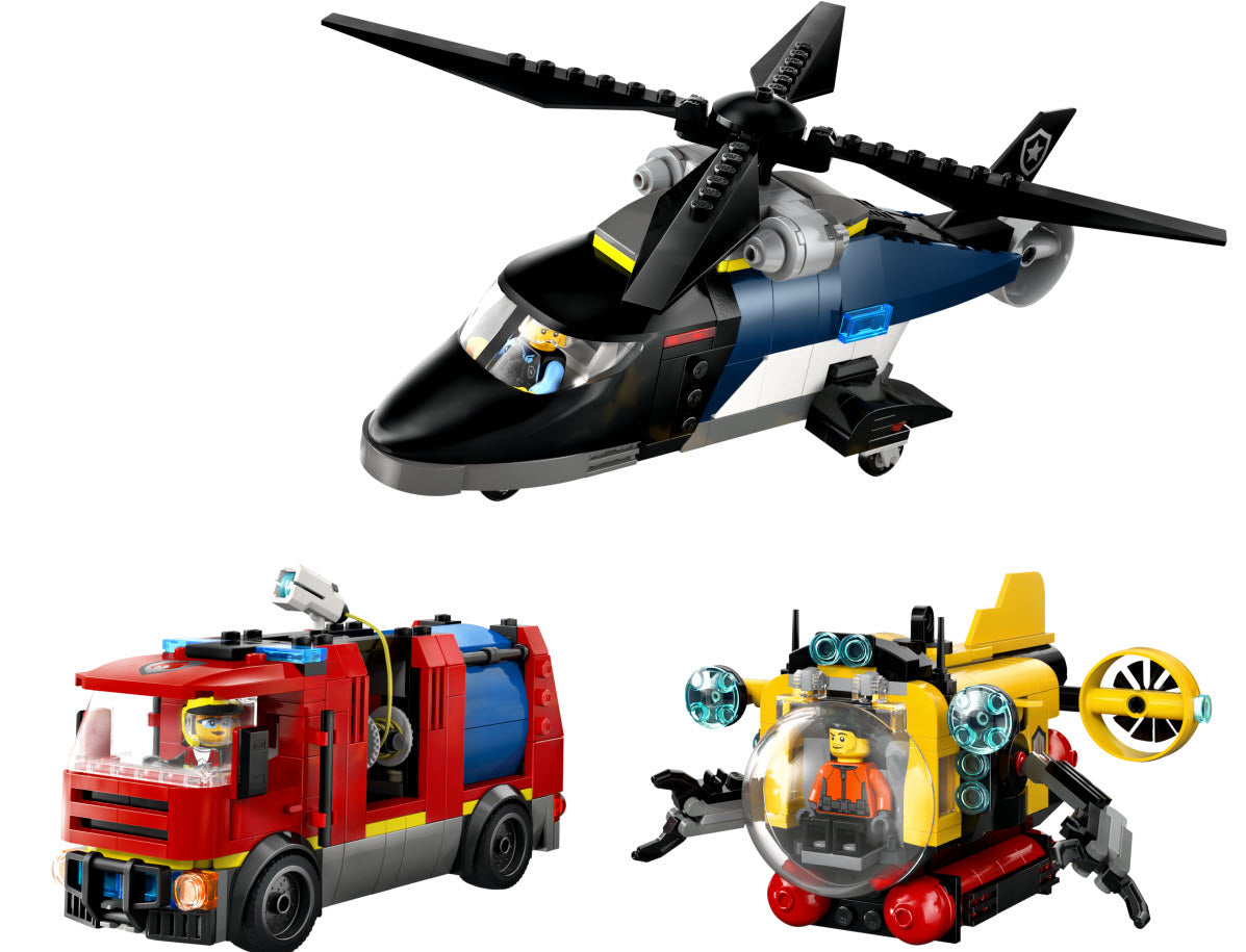 Inhalt: LEGO City 60462 Kombinationsset mit Hubschrauber, Löschauto und U-Boot