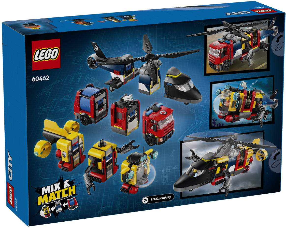 Box Rückseite: LEGO City 60462 Kombinationsset mit Hubschrauber, Löschauto und U-Boot
