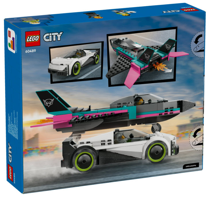 Box Rückseite: LEGO City 60489 Düsenflieger vs. Rennauto