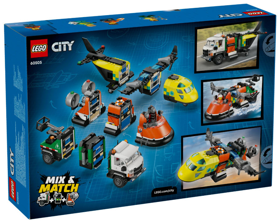 Box Rückseite: LEGO City 60505 Kombinationsset mit Flugzeug, Wartungsfahrzeug und Luftkissenboot