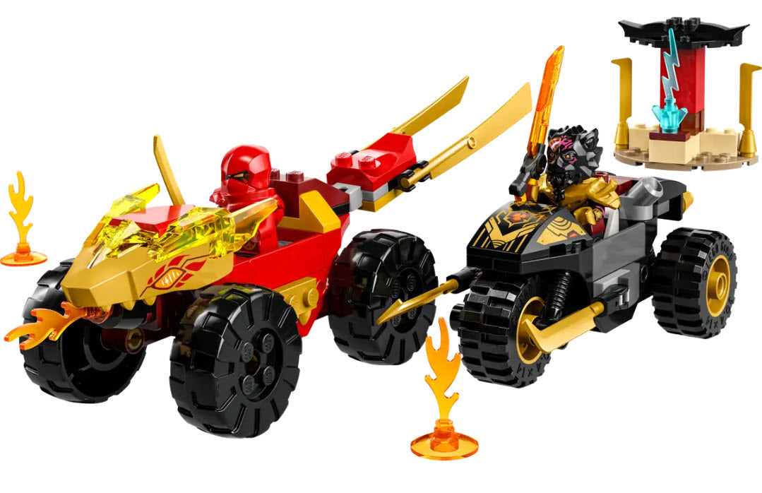 Inhalt: LEGO Ninjago 71789 Verfolgungsjagd mit Kais Flitzer und Ras' Motorrad
