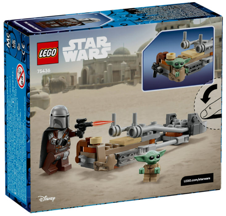 Box Rückseite: LEGO Star Wars 75436 Der Mandalorianer und Grogu auf ihrem Speeder Bike