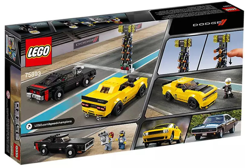 Box Rückseite: LEGO Speed Champions 75893 2018 Dodge Challenger SRT Demon und 1970 Dodge Charger R/T