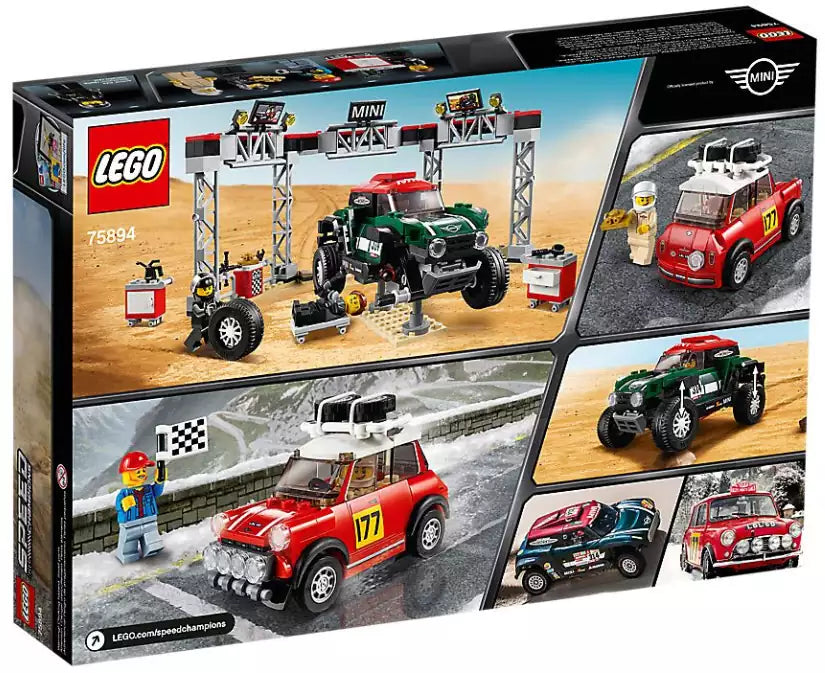 Box Rückseite: LEGO Speed Champions 75894 Rallyeauto 1967 Mini Cooper S und Buggy 2018 Mini John Cooper