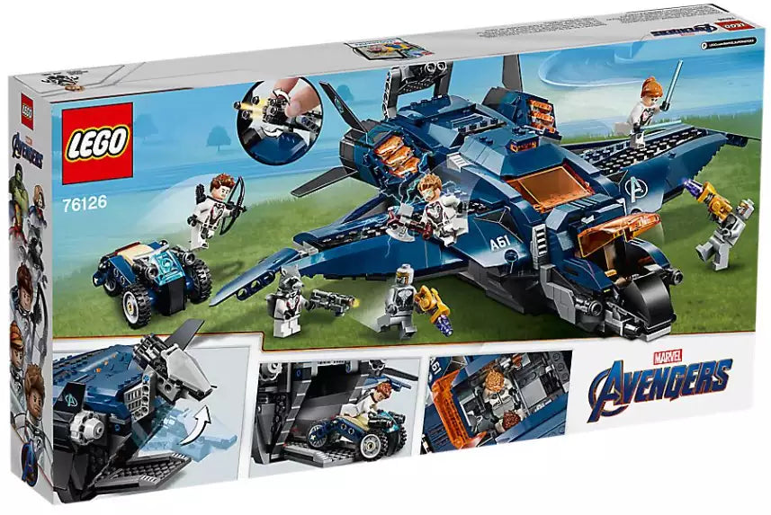Box Rückseite: LEGO Super Heroes 76126 Ultimativer Avengers-Quinjet