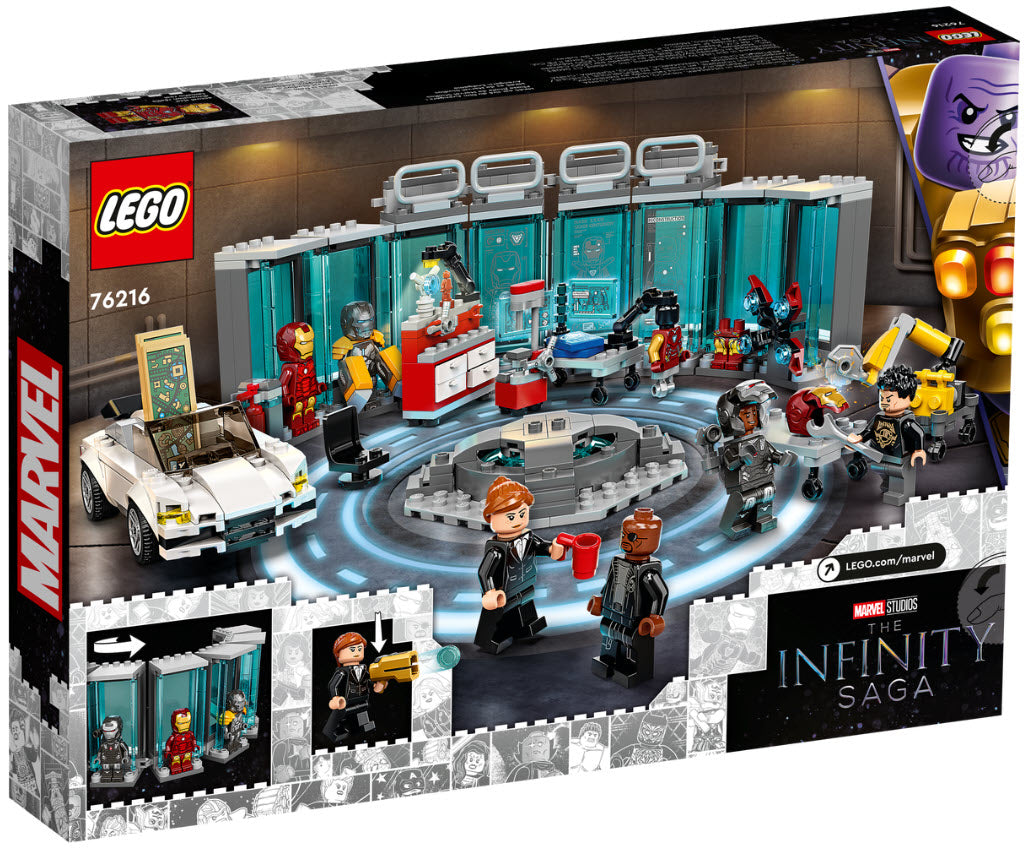 Box Rückansicht: LEGO Super Heroes 76216 Iron Mans Werkstatt