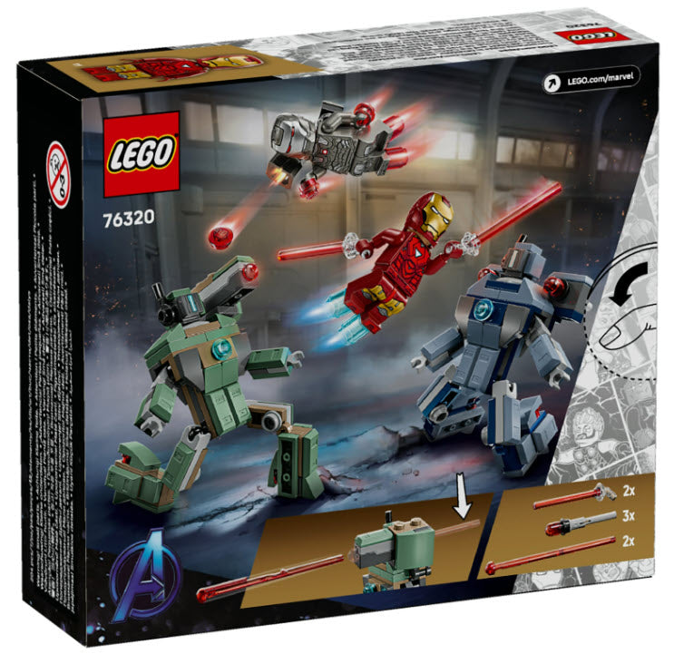 Box Rückseite: LEGO Super Heroes 76320 Iron Man & War Machine vs. Hammer-Drohnen