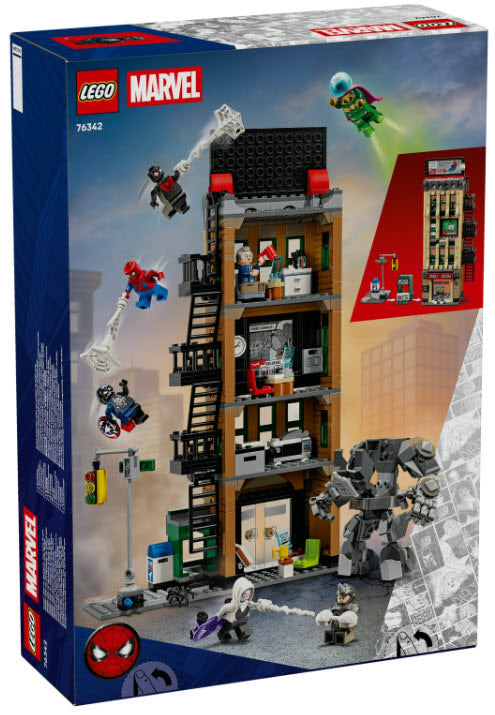 Box Rückseite: LEGO Super Heroes 76342 Spider-Man vs. Mysterio: Daily Bugle
