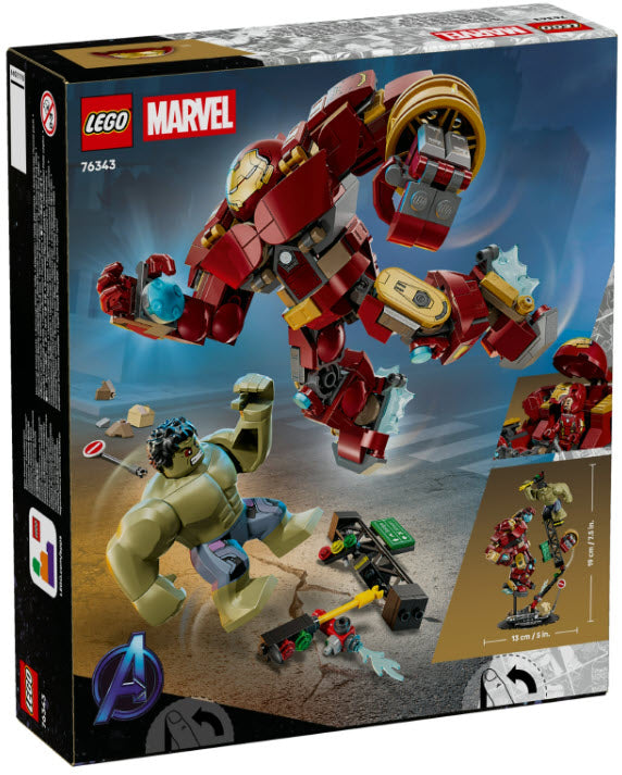 Box Rückseite: LEGO Super Heroes 76343 Duell der Giganten: Hulkbuster vs. Hulk
