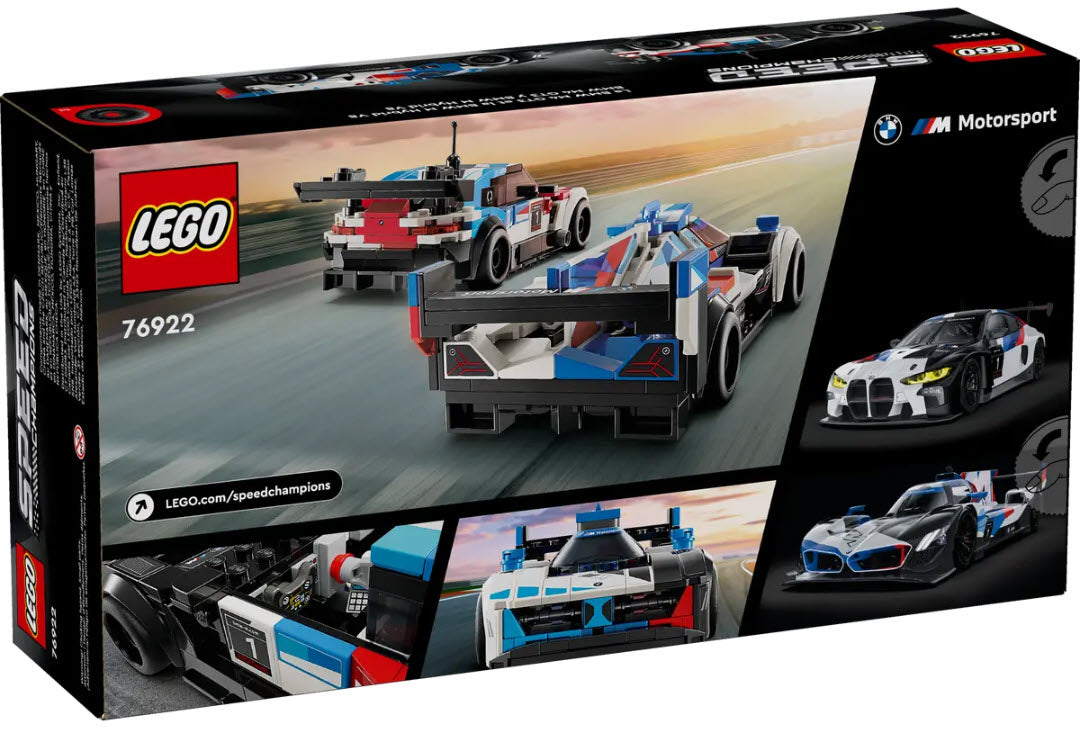 Box Rückansicht: LEGO Speed Champions 76922 BMW M4 GT3 & BMW M Hybrid V8 Rennwagen