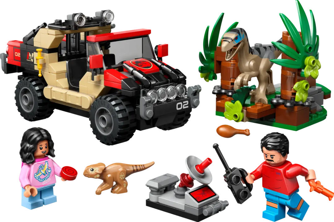 Inhalt: LEGO Jurassic World 76972 Raptor: Verfolgungsjagd mit dem Geländewagen