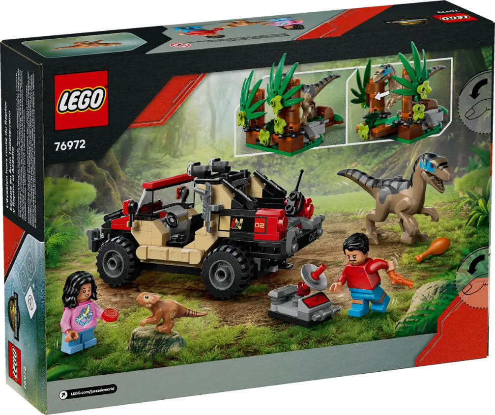Box Rückseite: LEGO Jurassic World 76972 Raptor: Verfolgungsjagd mit dem Geländewagen