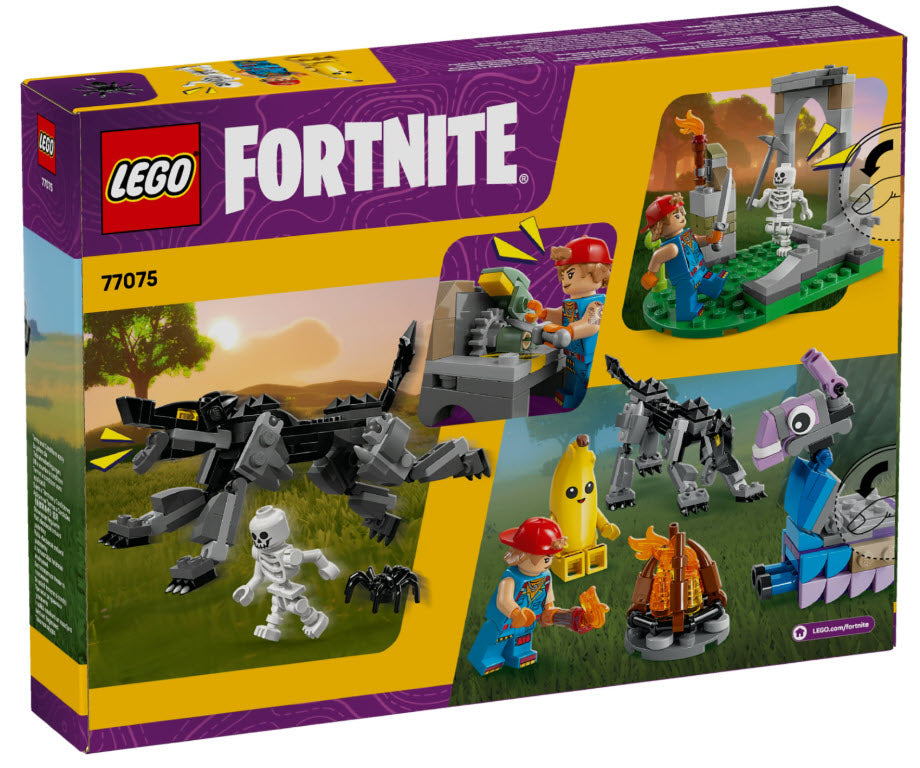 Box Rückseite: LEGO Fortnite 77075 Das Lager von Schali und der Zündkerzenkünstlerin