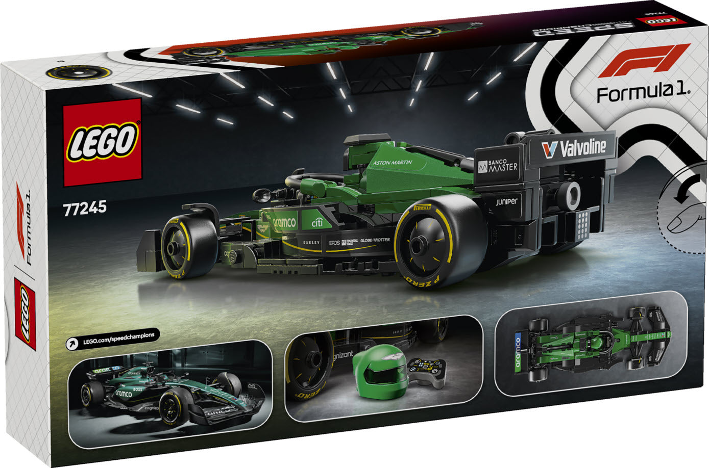 Box Rückseite: LEGO Speed Champions 77245 Aston Martin Aramco F1 AMR24 Rennauto